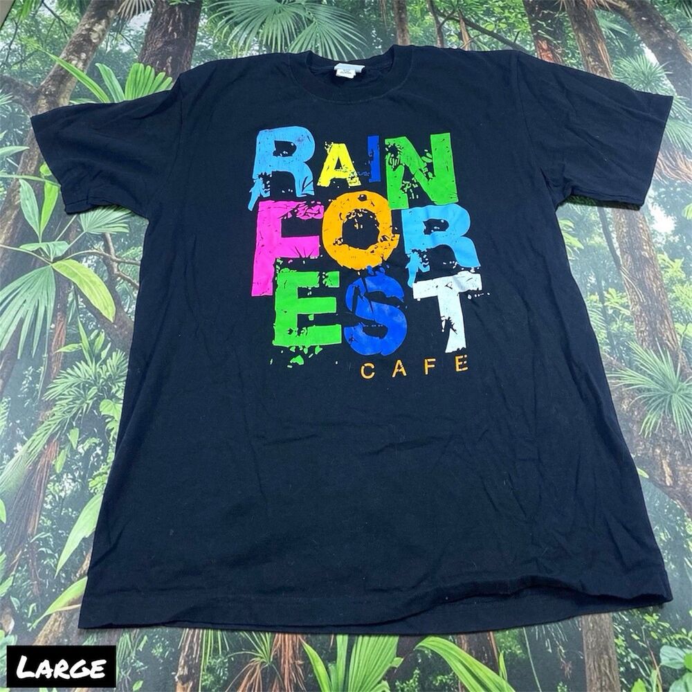 Vintage 90s Rainforest Cafe T-Shirt Men’s LARGE Black Logo Animals 100% Cotton